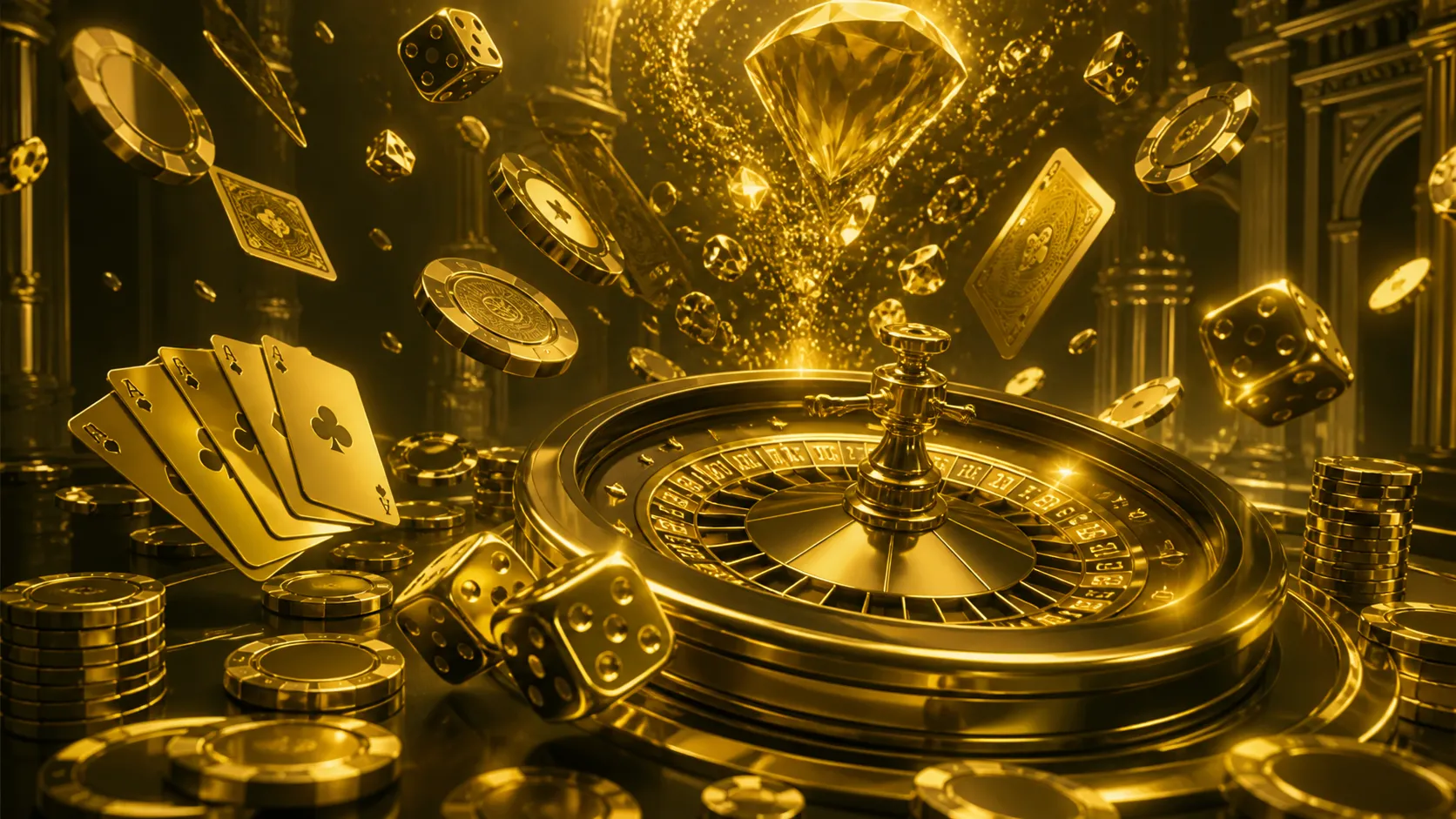 Glossy 3D isometric render featuring a luxurious casino theme, showcasing floating poker chips, playing cards, and glowing sl